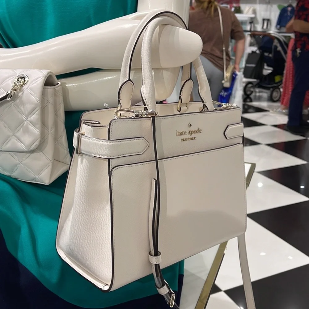 Kate Spade Staci Saffiano Leather Medium Satchel Crossbody Bag Parchment